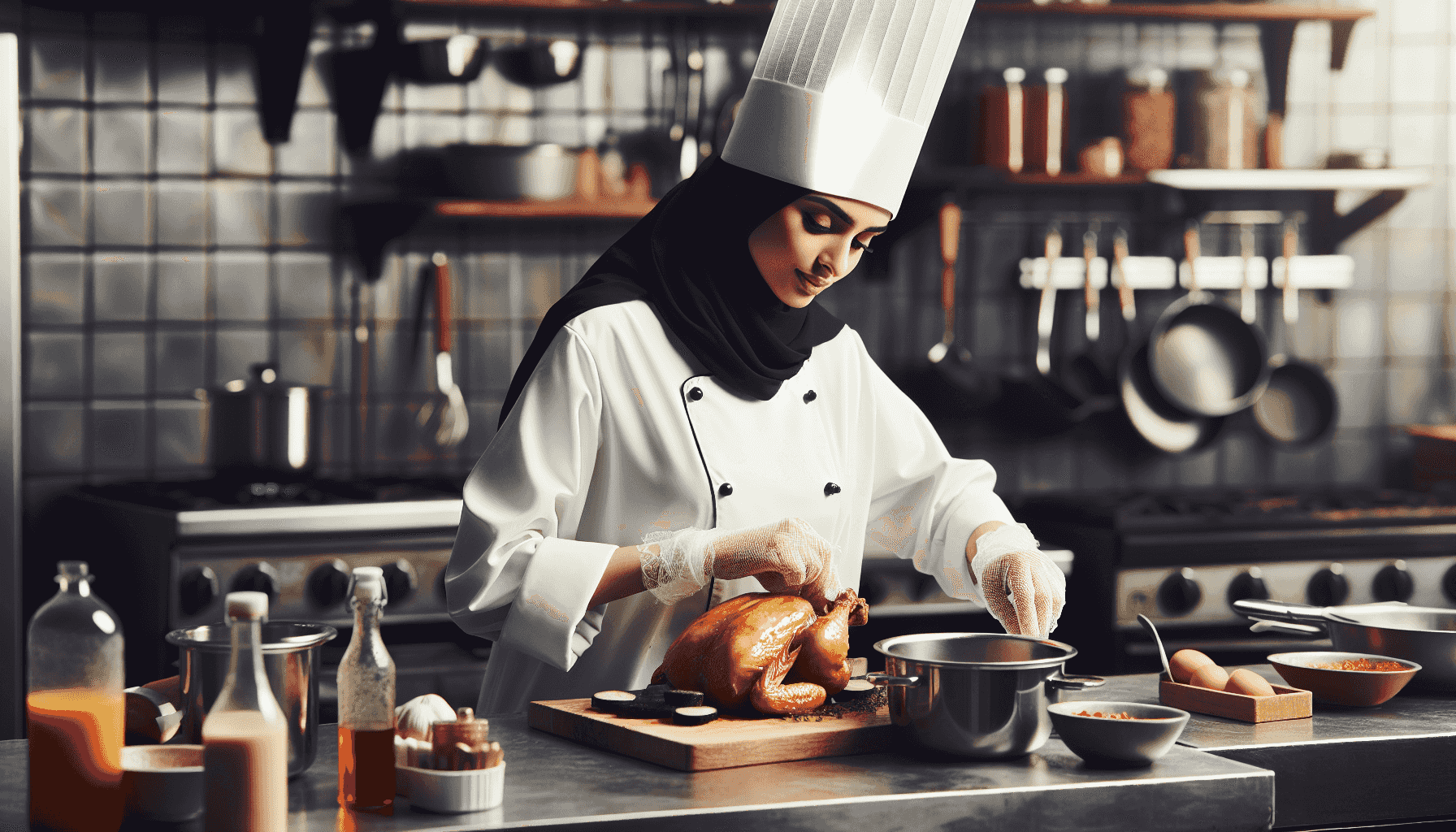 Chef préparant un plat avec poulet de Poulet Prestige