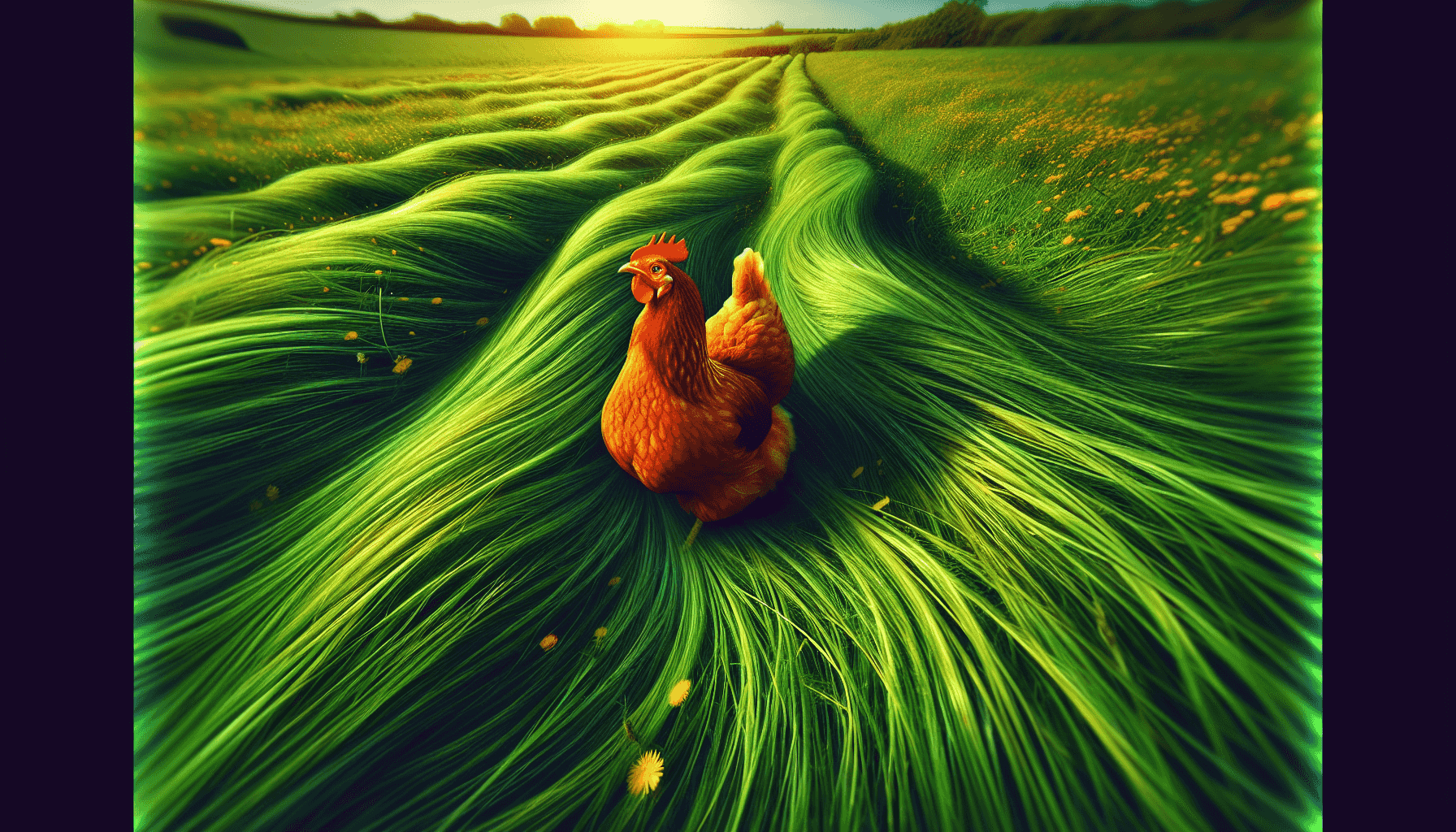 Poulet en bonne santé dans un champ verdoyant